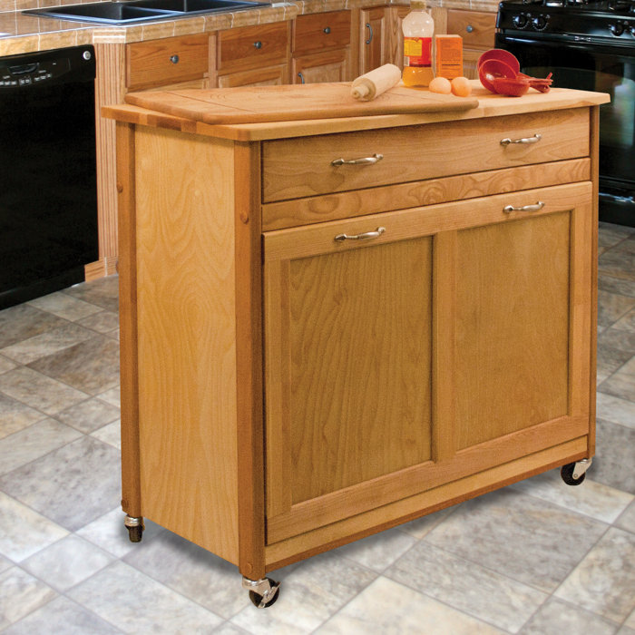 Millwood Pines Triche Pull Out Trash Kitchen Island With Butcher Triche Pull Out Trash Kitchen Island With Butcher Block