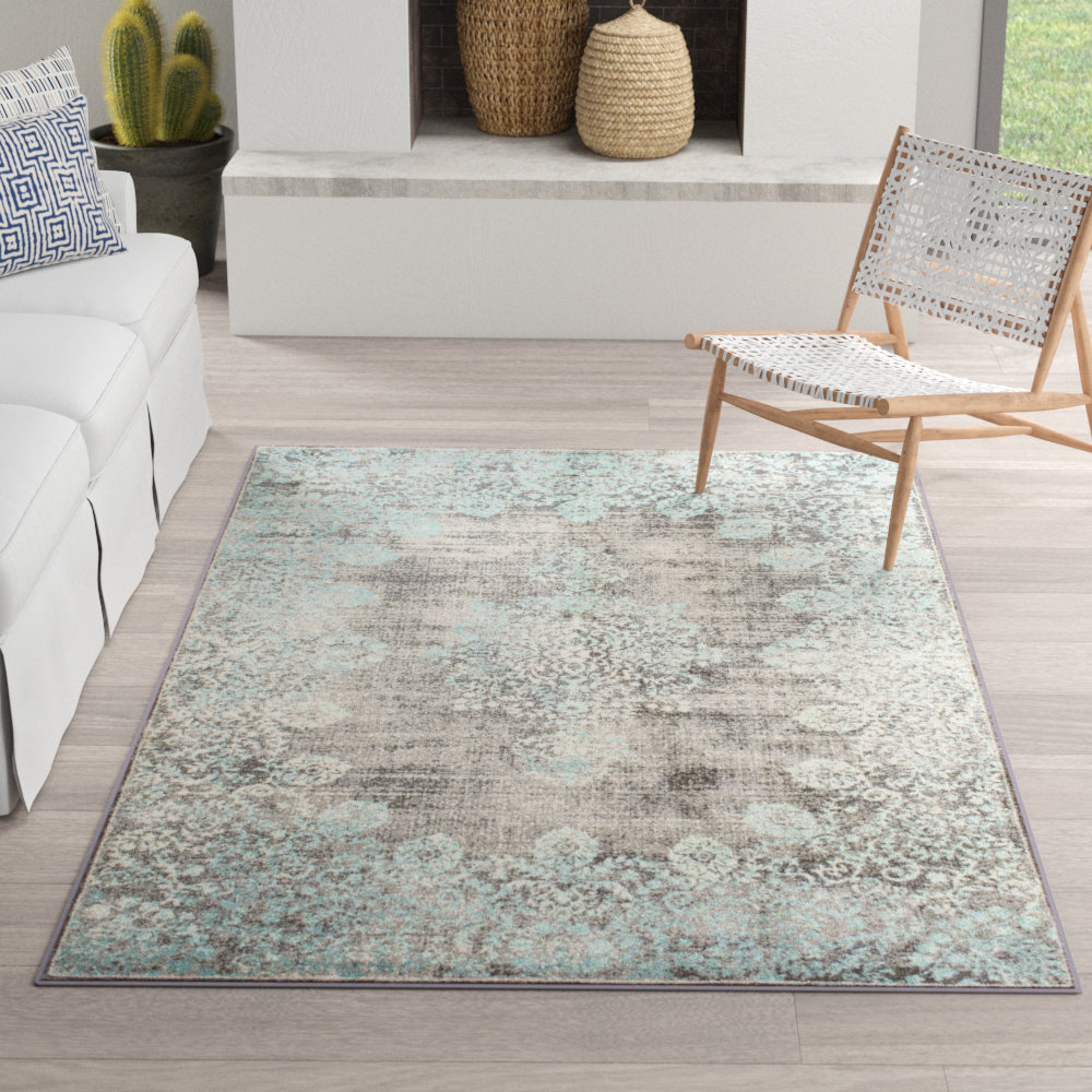 David Turquoise Blue Gray Cream Area Rug