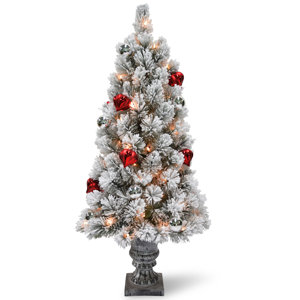 Snowy Bristle Tabletop 2' Pine Artificial Christmas Tree with Ornaments Urn and 35 Warm Battery Operated LED Lights with Timer