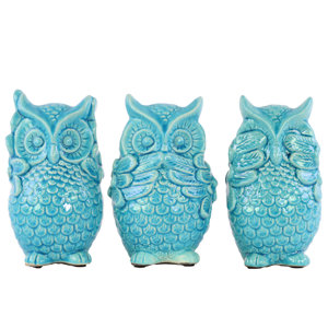 Ceramic Standing Owl No Evil 3 Piece Figurine Set