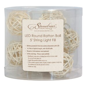 10 Light LED Round Rattan Ball 5' String Light Fill