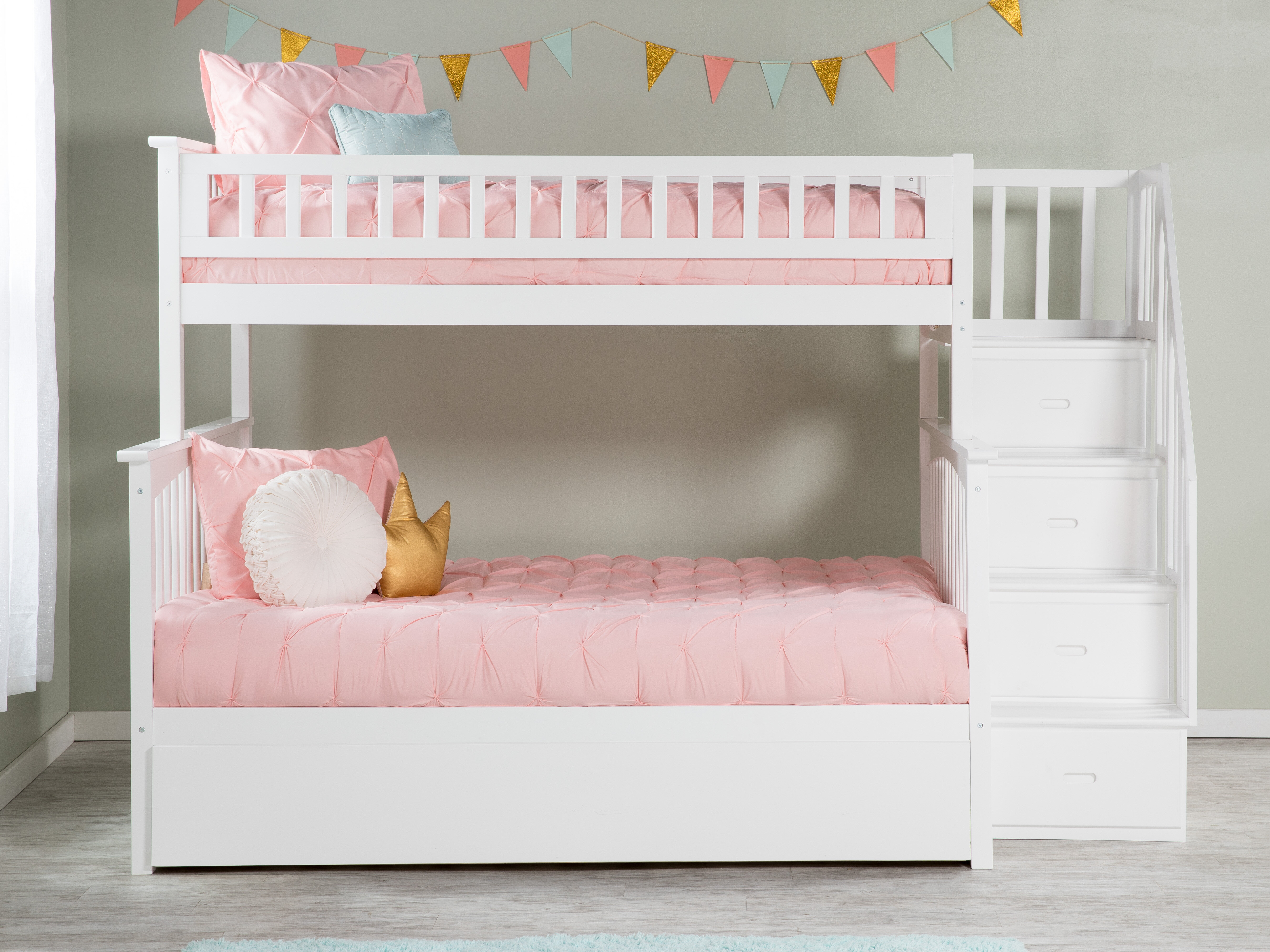 white twin over full bunk bed with trundle