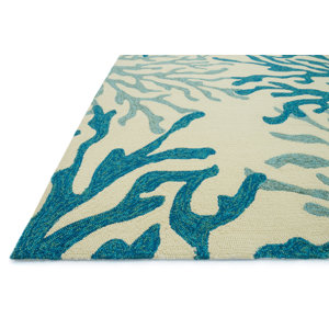 Hand-Hooked Ivory/Blue Indoor/Outdoor Area Rug