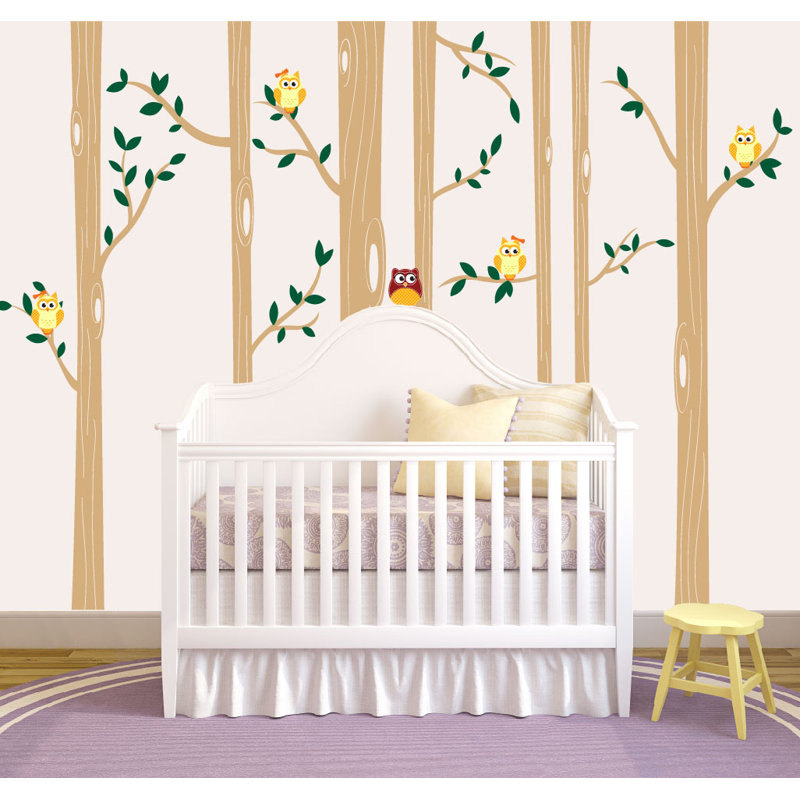 Nursery Birch Tree Wall Decal With Owl Birds Forest