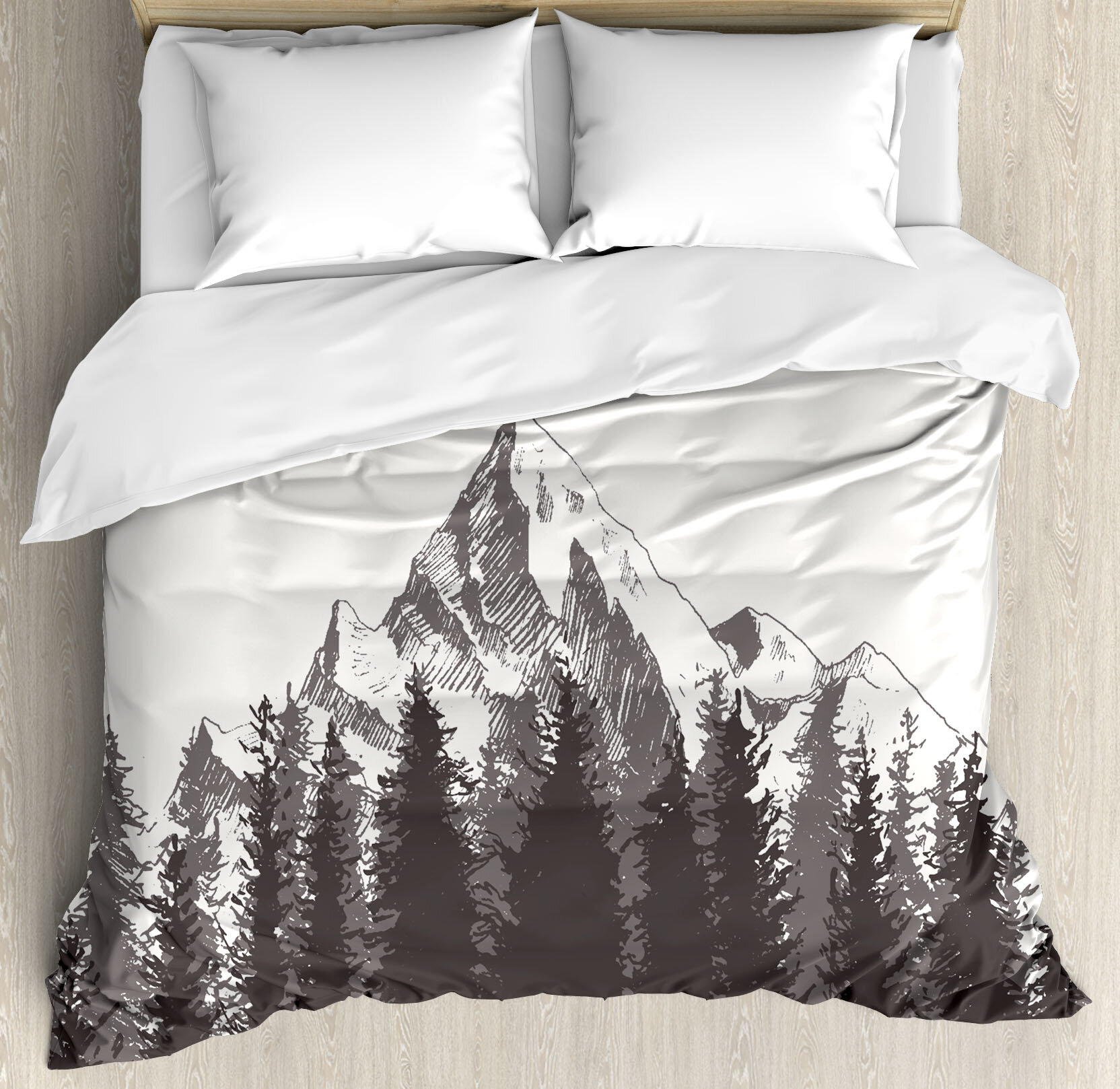 Primitive Mountain With Fir Forest And Native American Arrow Figure Folk Style Retro Print Duvet Cover Set