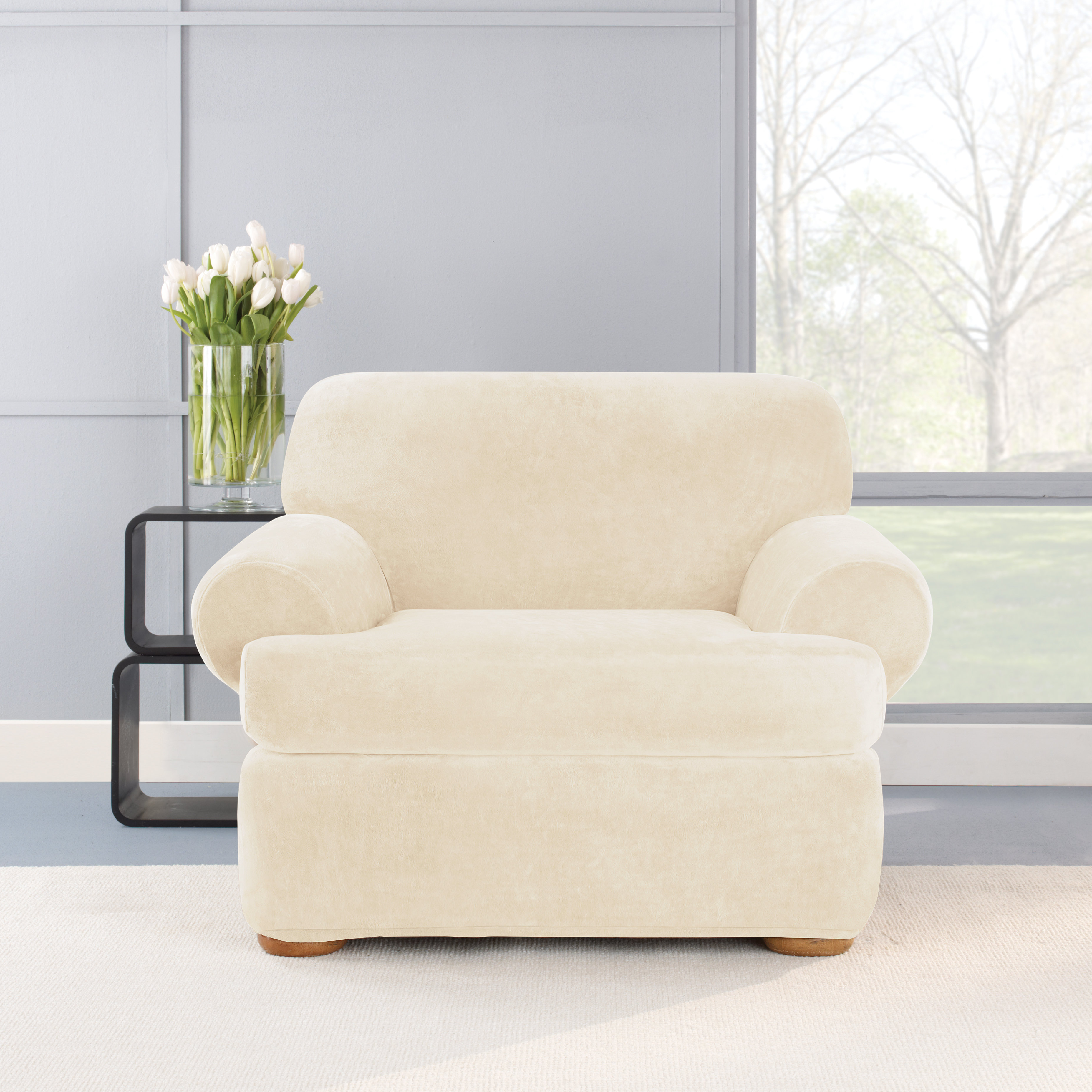 Stretch Plush 2 Piece T Cushion Chair Slipcover Set Stretch Plush 2 Piece T Cushion Chair Slipcover Set
