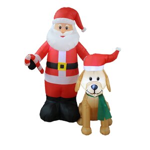 Christmas Inflatable Santa Claus with Candy Cane and Dog with Christmas Hat