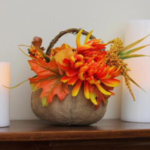 Autumn Harvest Burlap Desktop Pumpkin with Flowers and Fruit Thanksgiving Decoration Floral Arrangement in Basket