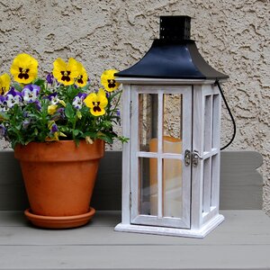 Wooden Lantern with Metal Roof and LED Candle