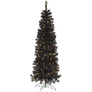 6.5' Black Pine Artificial Christmas Tree with 200 LED Orange Lights with Stand