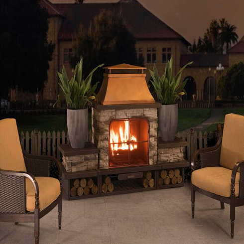 outdoor fireplace burning wood connan steel sunjoy