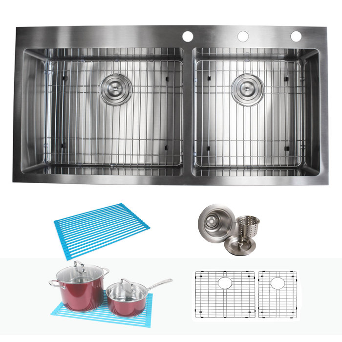 Ariel 42 L X 21 W Double Basin Drop In Kitchen Sink With Bonus Accessories
