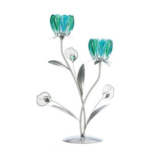 Double Peacock Bloom Iron, Glass and Plastic Candelabra