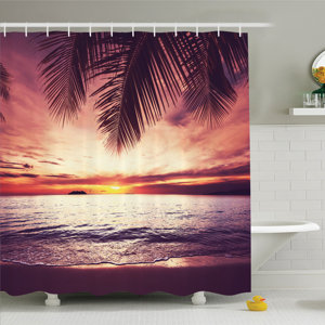 Palm Tree Tropical Beach under Shadow at Sunset Ocean Waves Serenity in Natural Paradise Shower Curtain Set