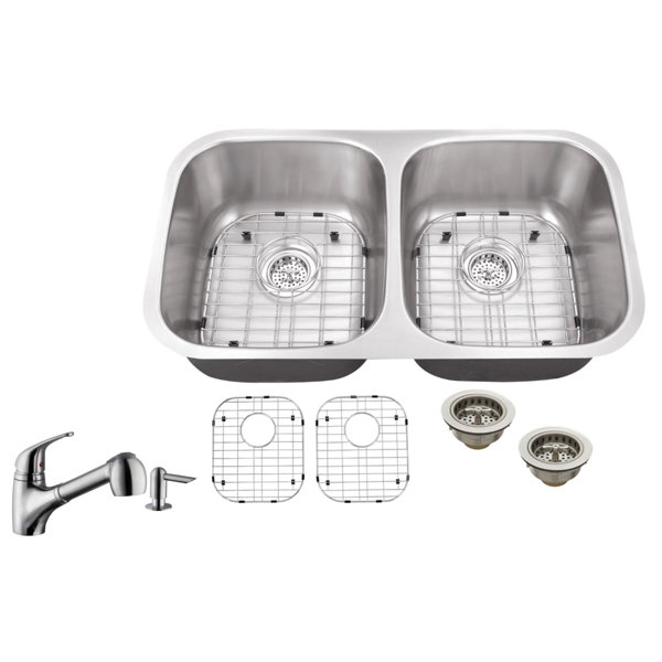 Soleil 18 Gauge Stainless Steel 29 13 L X 5 W Double Basin Soleil 18 Gauge Stainless Steel 29 13 L X 5 W Double Basin Undermount Kitchen Sink With Low Profile Pull Out Faucet Wayfair