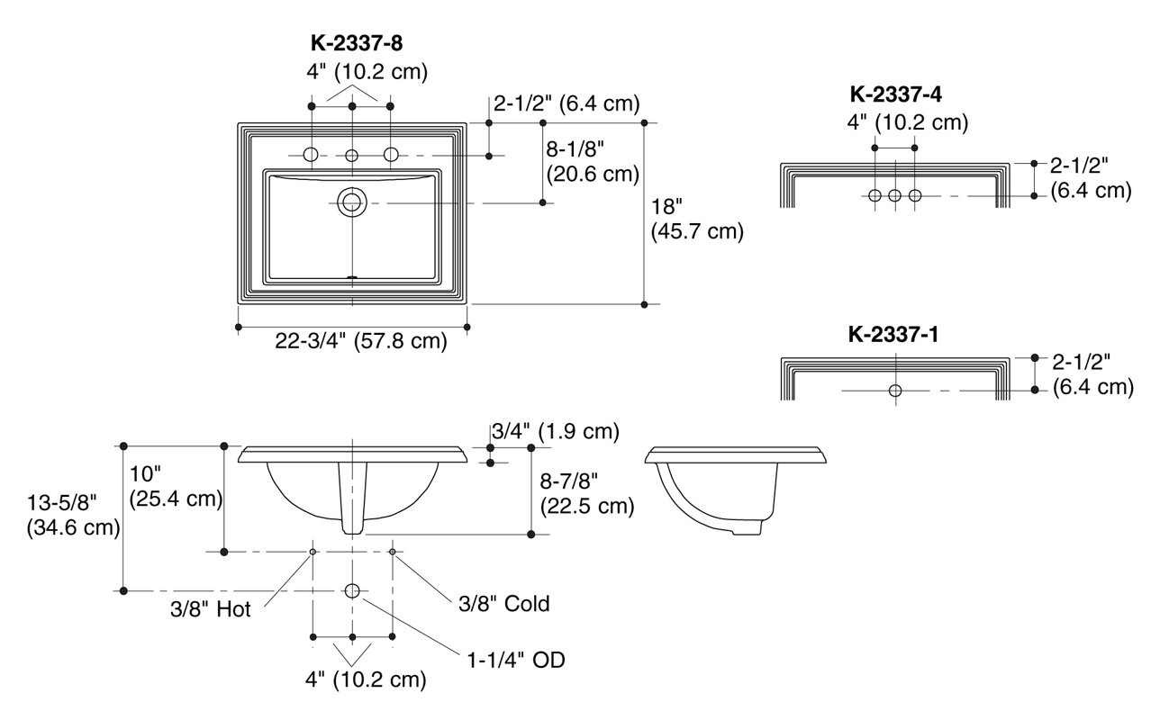 K233780,33,47 Kohler Memoirs® Ceramic Rectangular DropIn Bathroom Sink with Overflow