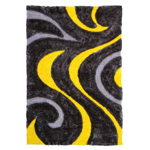 3D Shaggy Abstract Wavy Swirl Yellow/Black Area Rug