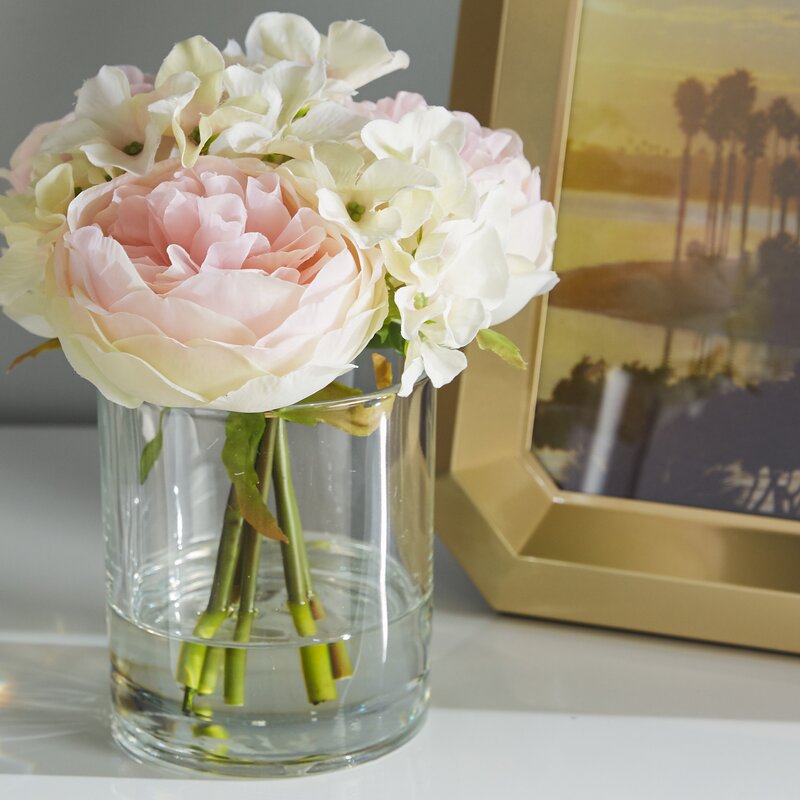 Hydrangea and Rose Arrangement in Glass Vase & Reviews | Birch Lane