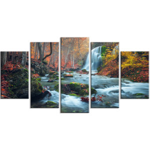 'Fall Waterfall in Crimea Hills' 5 Piece Graphic Art on Wrapped Canvas Set