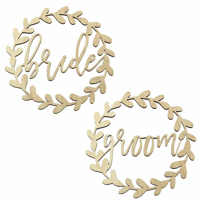 Bride Groom Chair Signs Set Of 2 Scripted Round Wreath Laser Cut Wood Chair Back Signs