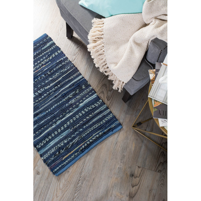 One Of A Kind Leis Striped Rag Hand Knotted 1 8 X 2 Cotton Nautical Blue Area Rug