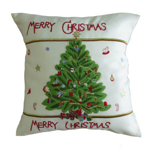 Decorative Embroidered Merry Christmas with Applique Christmas Tree Design Pillow Cover