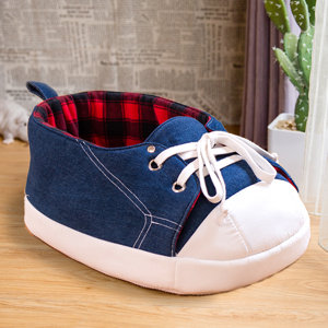 Sneaker Pet Bed with Black and Red Tartan Fleece