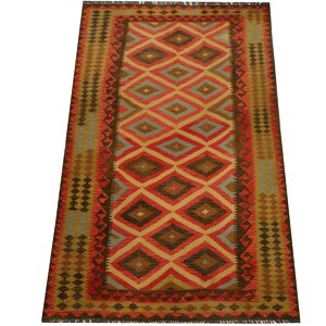 Kilim Hand-Woven Red/Light Green Area Rug