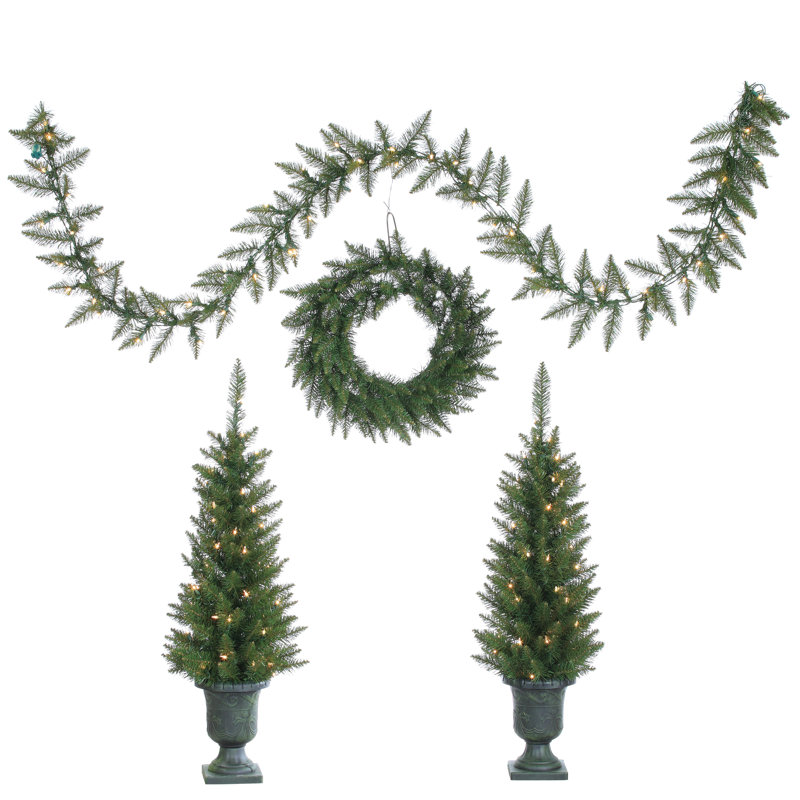 4 piece green pine artificial christmas tree set with 150 clear lights with potted stand - Potted Artificial Christmas Trees 4 piece green pine artificial christmas tree set with 150 clear lights with potted stand - Potted Artificial Christmas Trees