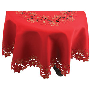 Festive Poinsettia Embroidered Cutwork Round Christmas Table Cloth