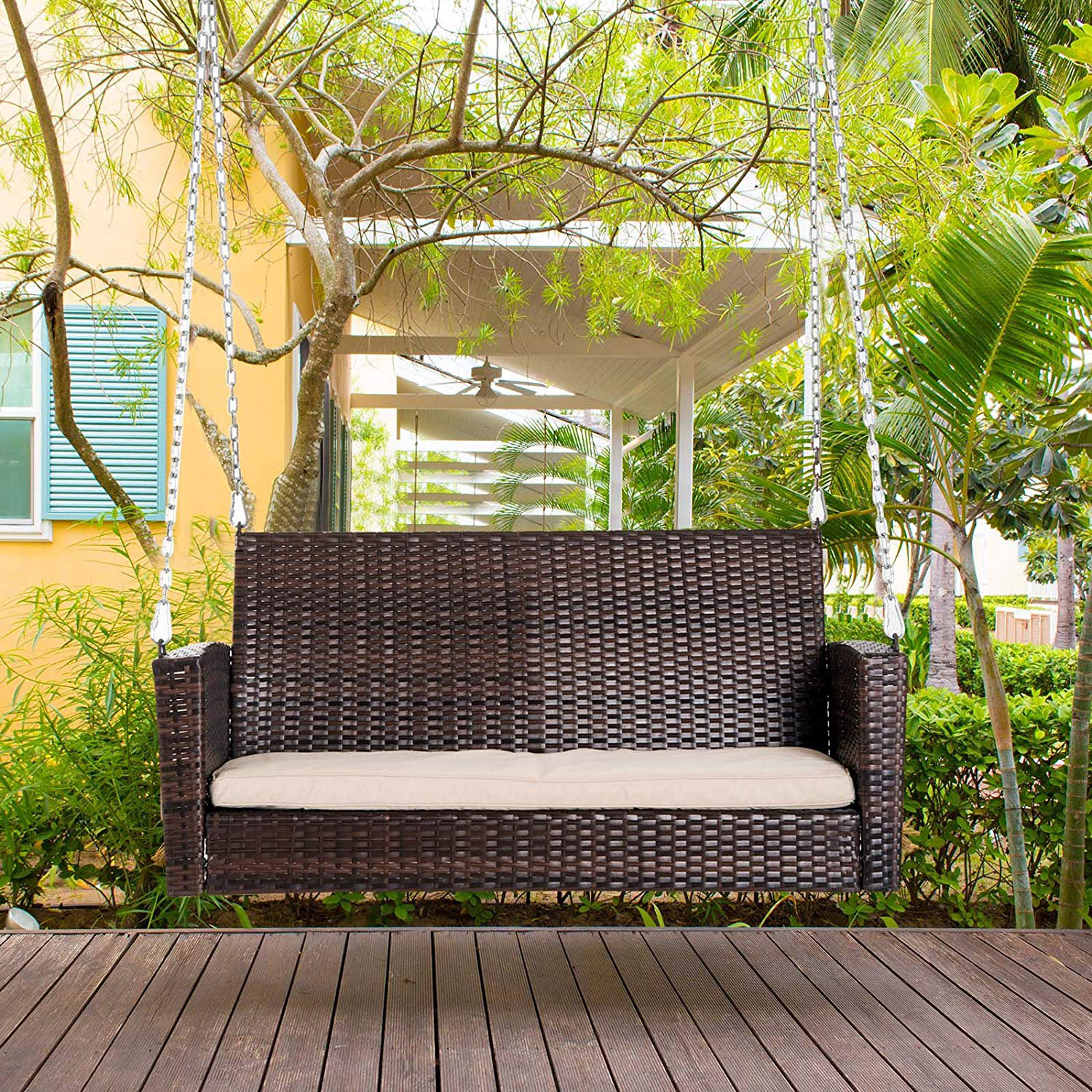Dark Brown Outsunny 2 Person Outdoor Weather Resistant Hanging Dark Brown Outsunny 2 Person Outdoor Weather Resistant Hanging Wicker Porch Swing Chair With Cushion Patio