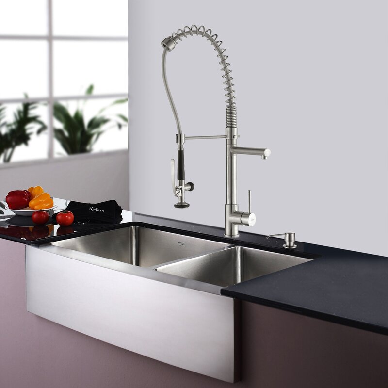 35 9 L X 20 75 W Double Basin Farmhouse Kitchen Sink Set With Kitchen Faucet And Soap Dispenser