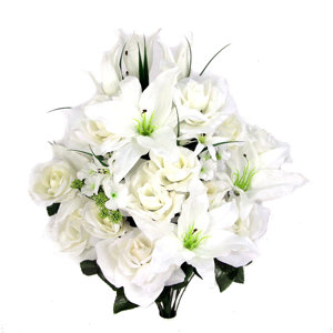 30 Stems Artificial Full Blooming Rose, Lilies and Buds Mixed Bush with Greenery