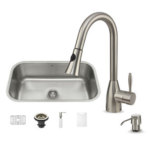 VIGO 30 inch Undermount Single Bowl 18 Gauge Stainless Steel Kitchen Sink with Aylesbury Stainless Steel Faucet, Grid, Str...
