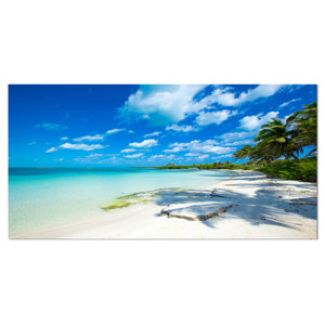 Tropical Beach with Palm Shadows Large Seashore Photographic Print on Wrapped Canvas