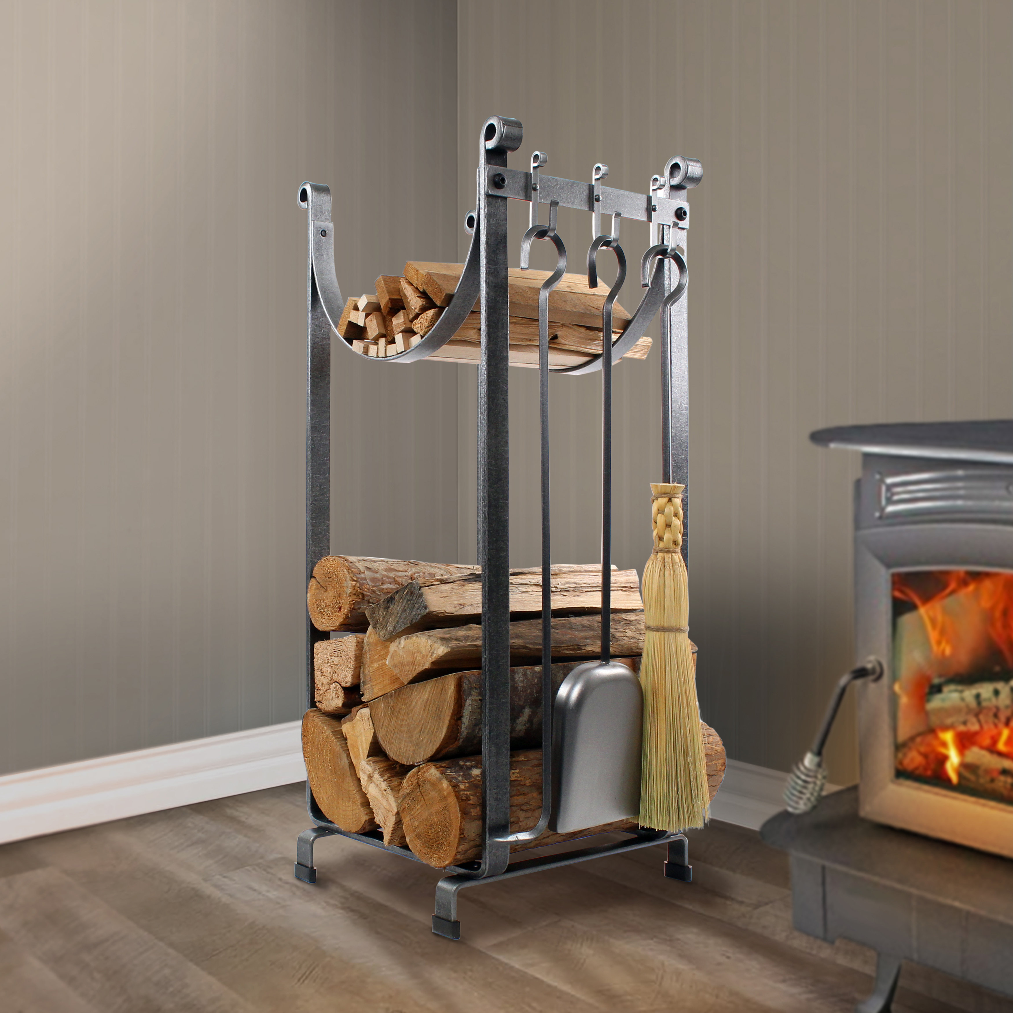 indoor firewood rack with tools