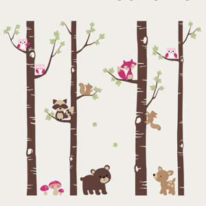 Birch Trees with Cute Forest Animals Wall Decal