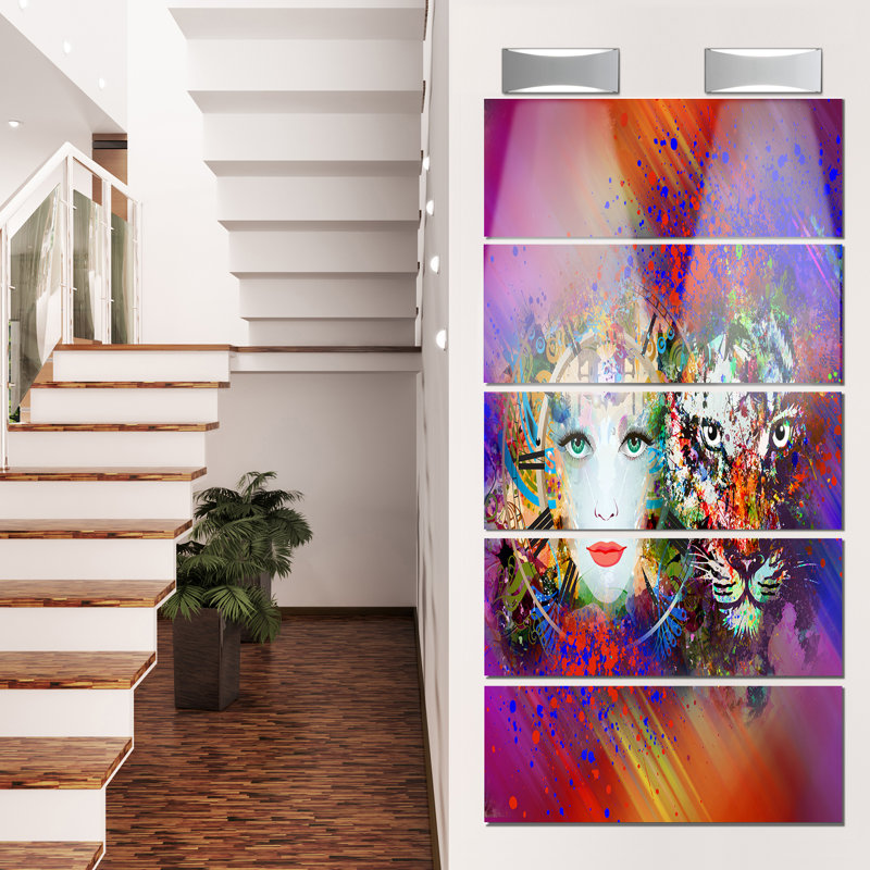 Colorful Tiger And Woman Face 5 Piece Graphic Art On Metal Set