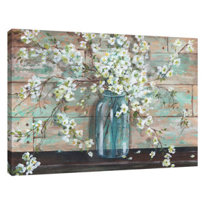 'Blossoms in Mason Jar' by Tre Sorelle Studios Painting Print on Wrapped Canvas