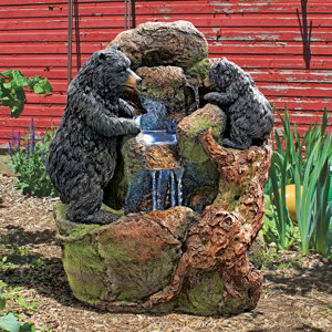 Grizzly Gulch Resin Black Bears Sculptural Fountain with LED Light