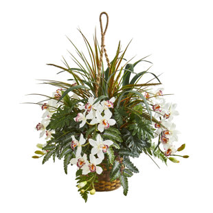 Outdoor Hanging Baskets With Artificial Flowers Wayfair Cymbidium Orchid Artificial Hanging Planter Flowering Plant In