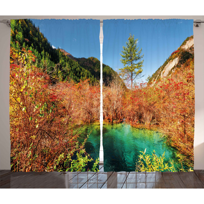 Nature Idyllic Fall Landscape With A Creek Among Forest In National Park Valley Art Graphic Print Text Semi Sheer Rod Pocket Curtain Panels
