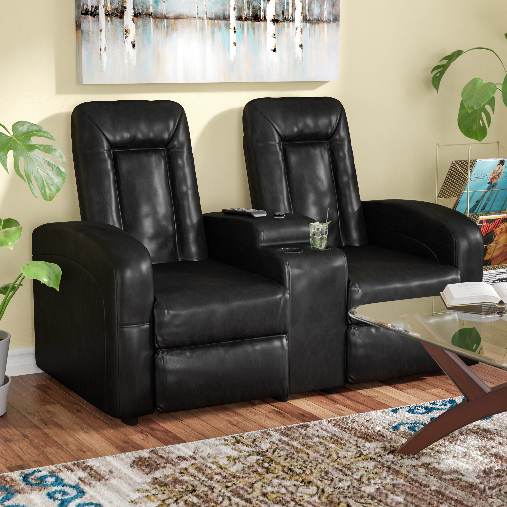 Leather 2 Seat Home Theater Recliner With Storage Console