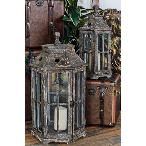 2 Piece Wood and Glass Lantern Set