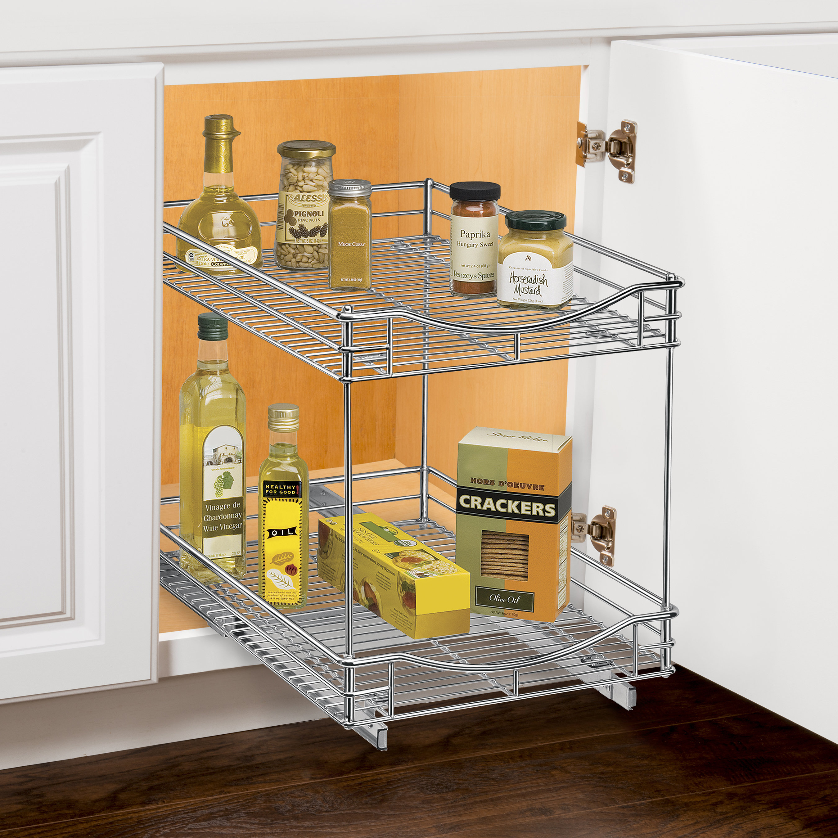 Roll Out Double Shelf   Pull Out Two Tier Sliding Under Cabinet Organizer   11 Inch Wide X 18 Inch Deep   Chrome 