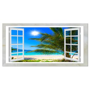 Window Open to Beach with Palm Graphic Art on Wrapped Canvas