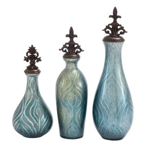 3 Piece Glass Polystone Decorative Bottle Set