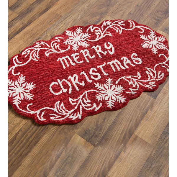 Plow & Hearth Merry Christmas Snowflake Hand Hooked Wool Red/White Area