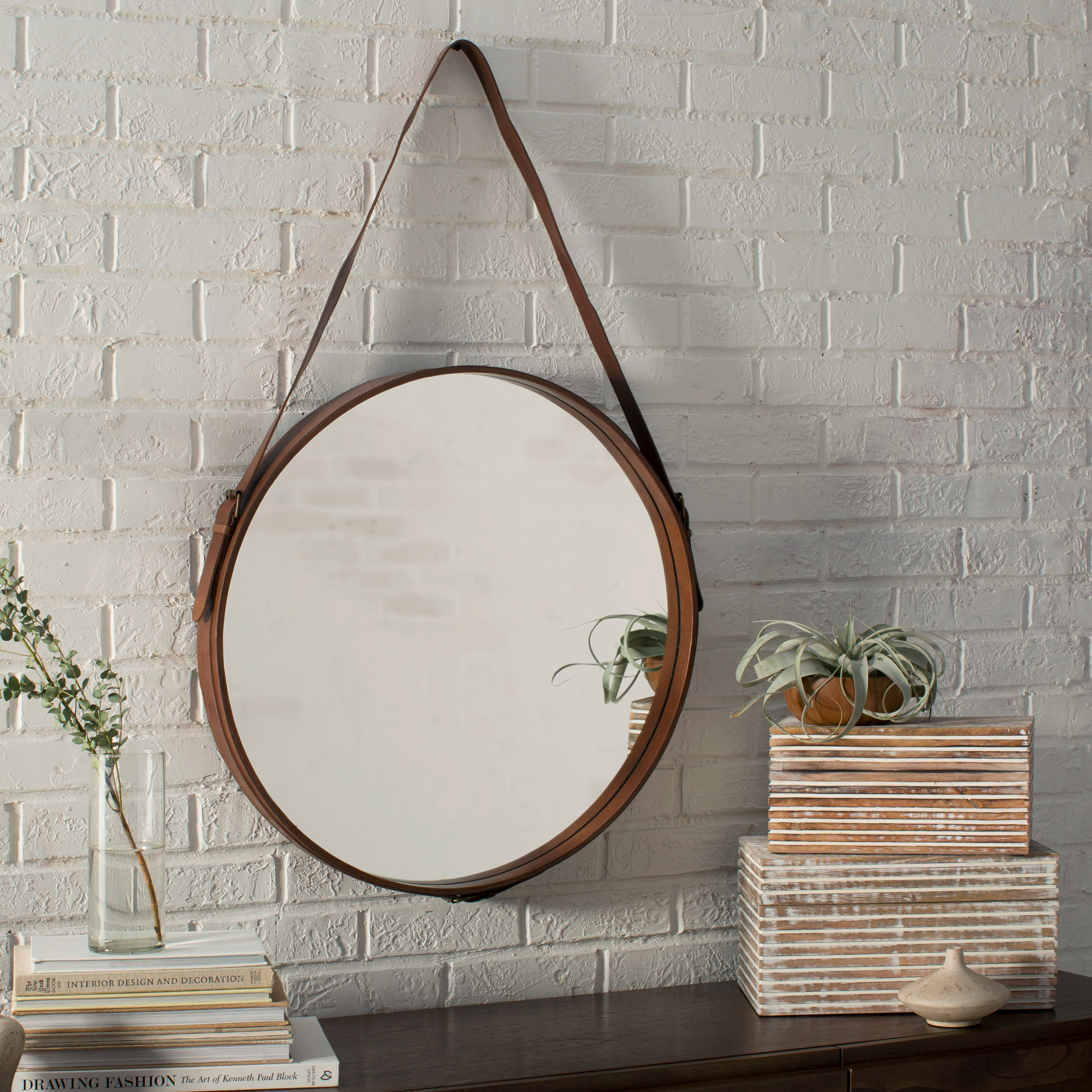 Round Mirror Leather Strap Wayfair Ay Distressed Vertical Round Wall Mirror