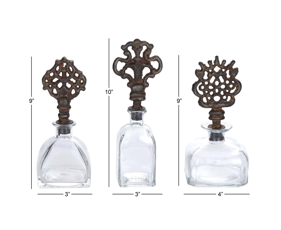 World Menagerie 3 Piece Glass Metal Stopper Decorative Bottle Set